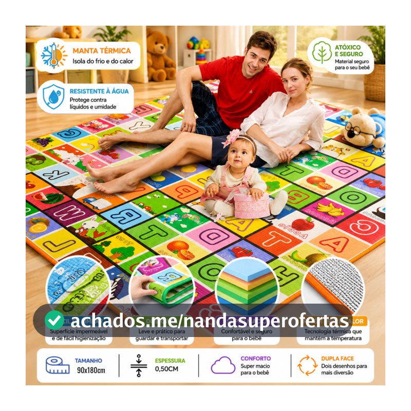 Tapete Termico Emborrachado Infantil Para Atividades Educativo Dobravel Tatame Bebê 180x90cm Grande