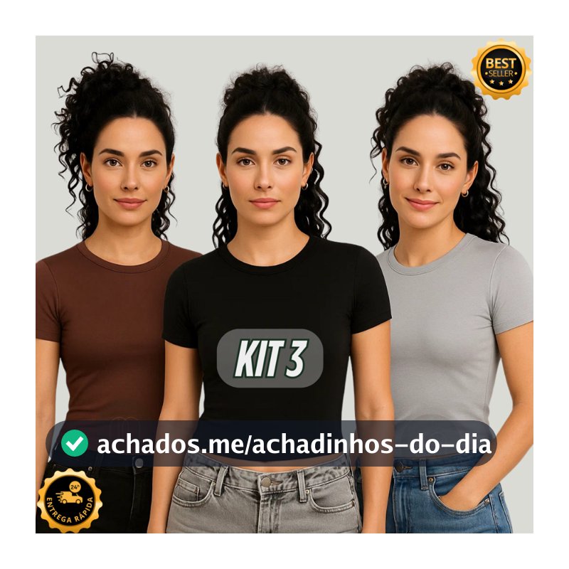 Kit 3 Baby Tee Feminina – Blusa Básica Slim Manga Curta