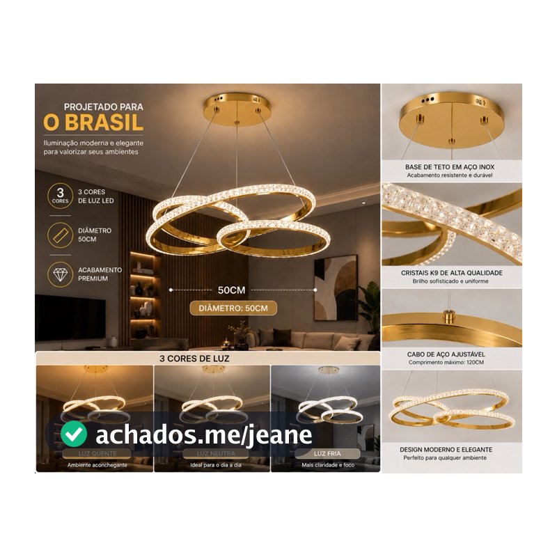 Lustre Pendente LED Moderno Cristal K9 Premium 50cm 3 Cores de Luz Bivolt para Sala Quarto e Escritório