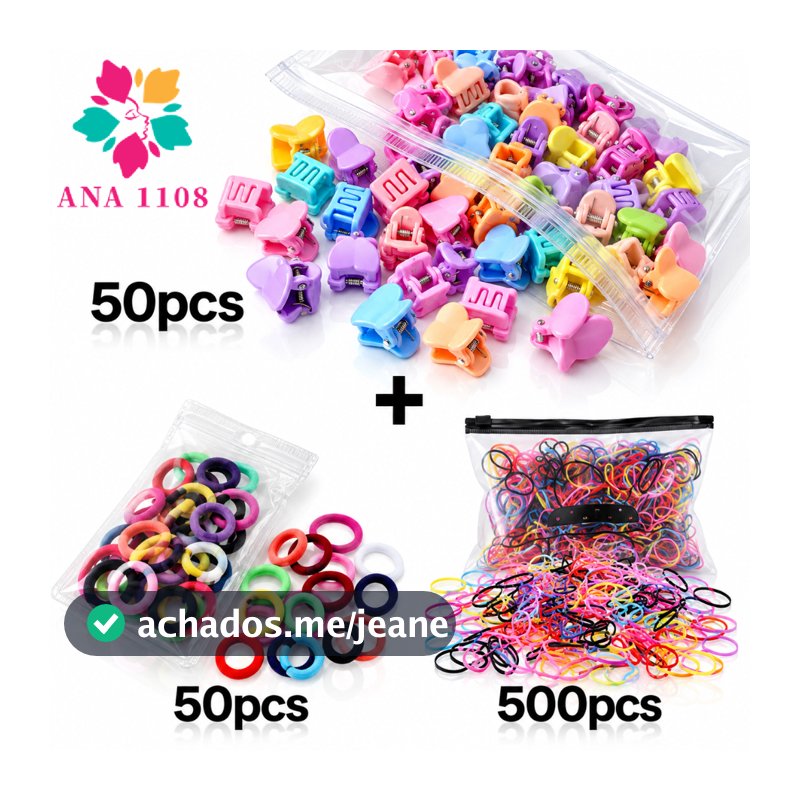 ANA1108 Kit 500 Elastico de cabelo+50 peças Mini Rabicó Xuxinha+50 unidades Mini presilha de cabelo infantil Com Bolsa