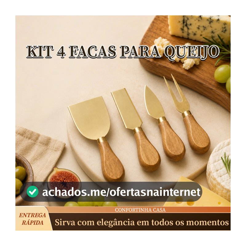 Kit 4 Facas Para Queijo Douradas Cabo Madeira Tábua Frios Aperitivos