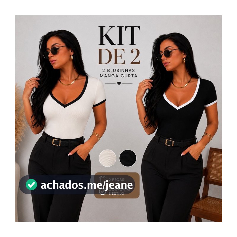 Kit 2 Blusa Feminina Manga Curta Canelada Com Decote Em Coração Elegante Decote Em V Bicolor Blusinha