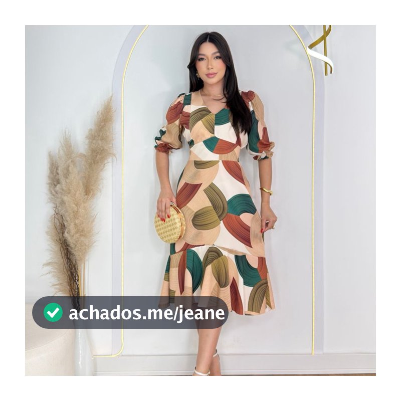 Vestido Midi Evangélico Estampado Elegante Manga 3/4 Moda Cristã Feminina