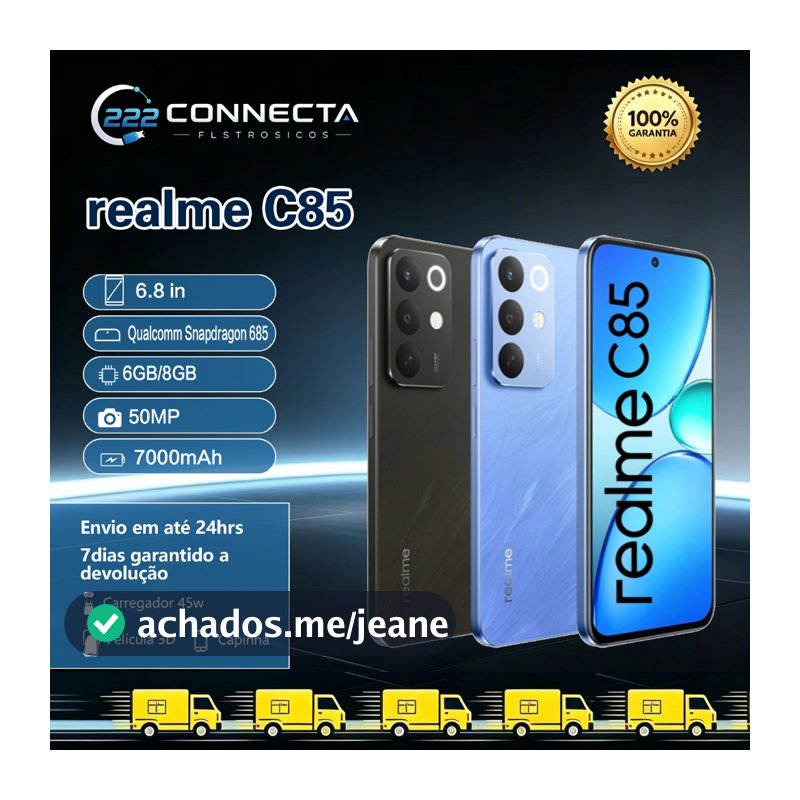 Celular Realme C85 4G, Tela LCD 6.8", Bateria 7000mAh, Câmera 50MP, Versão Global Original