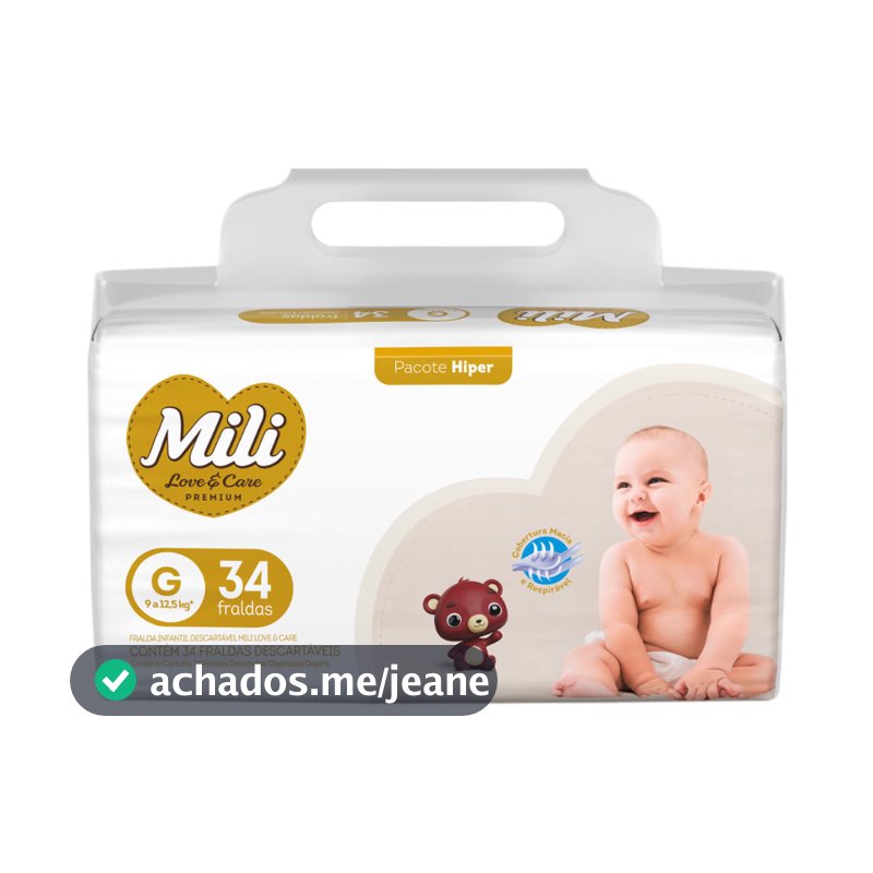 Fralda Infantil Mili Love e Care Premium Hiper Tamanho G com 34 Unidades Descartáveis
