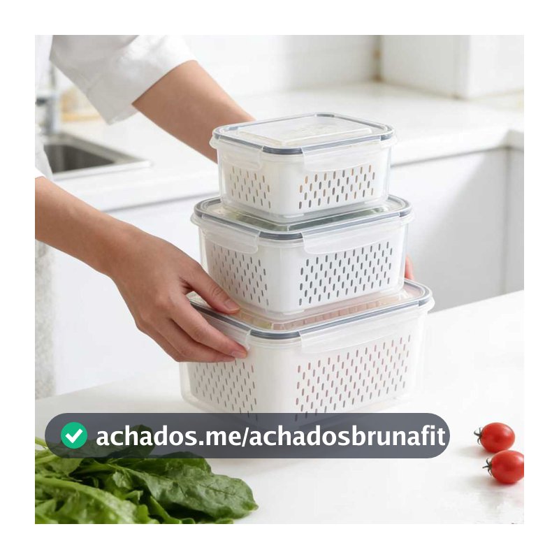 Kit 3 Potes De Organizador Hermetico Com Cesta Escorredor Para Geladeira