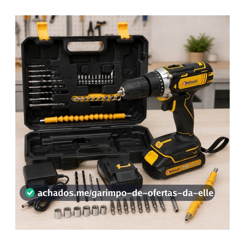 Parafusadeira Furadeira 25V Nakasaki Sem Fio a Bateria Profissional Kit Completo com Maleta