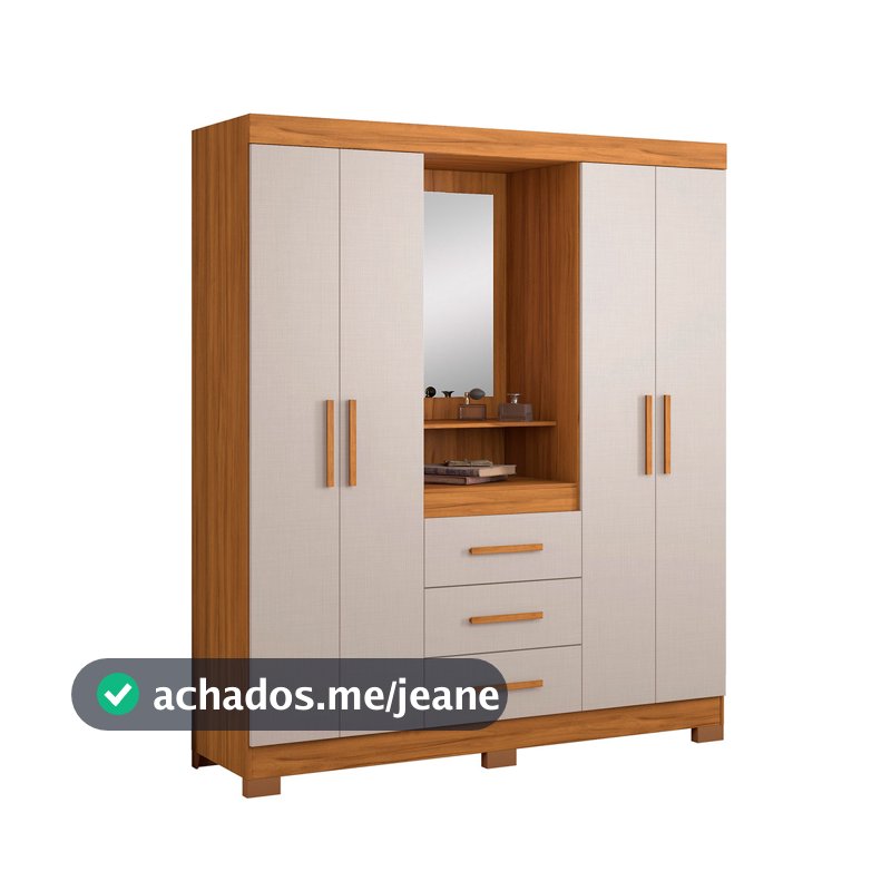 Guarda-Roupa Casal 4 Portas 3 Gavetas para Quarto com Espelho Grande Freijo com Off White - Moveisaqui
