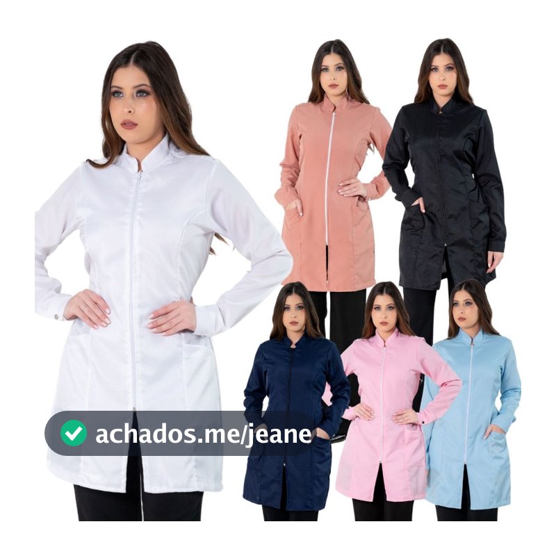 Jaleco Feminino Acinturado Básico Gola Padre Oxford Manga Longa Com Zíper
