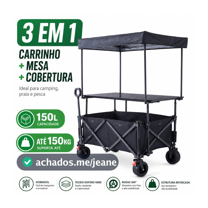 Carrinho Dobrável 150L 150kg com Mesa e Cobertura, Rodas Largas para Camping Praia Pesca