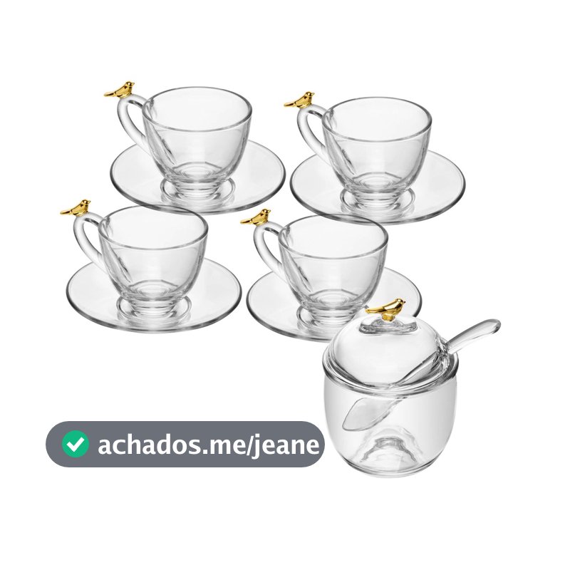 Kit 4 Xícaras de Café 80ml com Pires e Açucareiro Golden Bird Cristal - Wolff