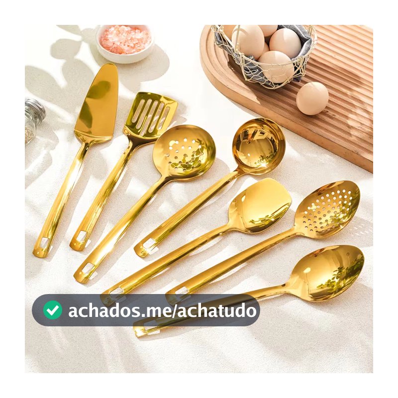 Conjunto 11 Peças Utensílios de Cozinha Dourado/Prata/Preto - Espátula, Concha, Escumadeira, Pá de Pizza