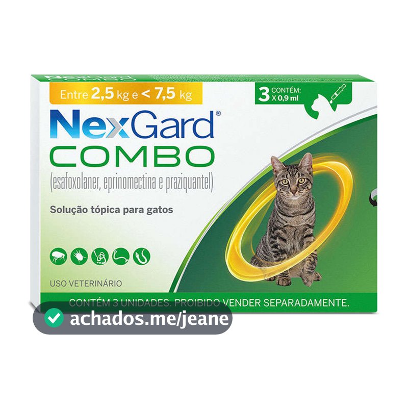 Nexgard Combo para Gatos - Antipulgas, Carrapatos, Sarna e Vermífugo Intestinal e Cardíaco - 3 Pipetas 2,5kg  a 7,5kg