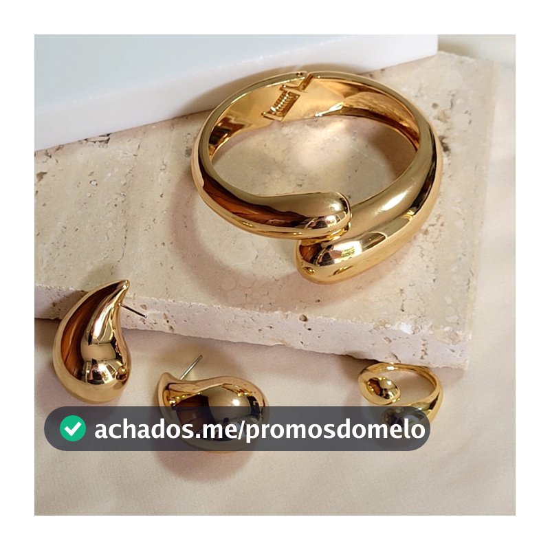 Conjunto Gota Pingo Bracelete Anel Brinco Médio Dourado ou Prata Acessórios Femininos Brincos