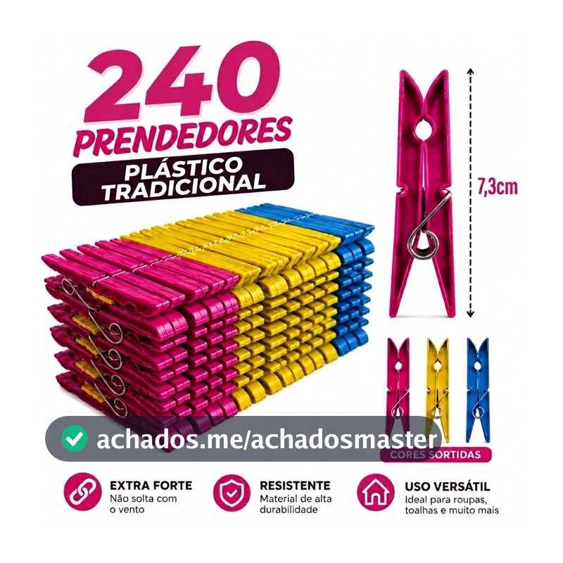 Pregadores de Roupa PLÁSTICO Mega Reforçado - Cores Sortidas Kit com 240 / 180 / 120 / 72 / 60