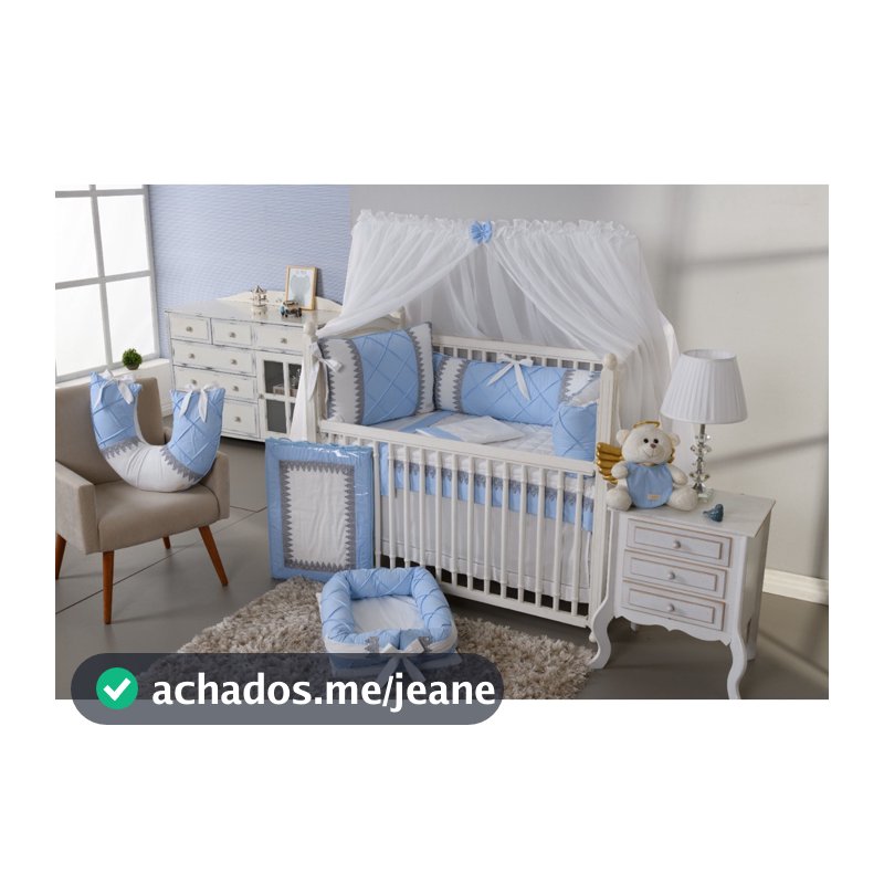 Kit Berço Americano Menino Realeza Luxo Azul Bebe com Branco 9 Peças Algodão