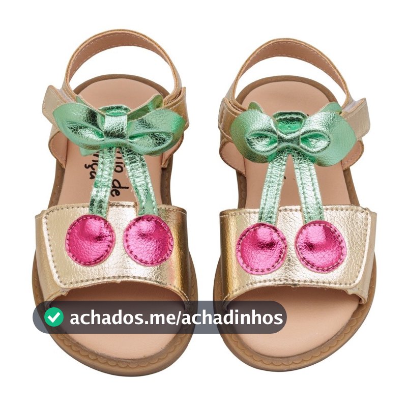 Sandália Infantil Menina Cereja Laço Metalizado Pink Dourada verão lançamento