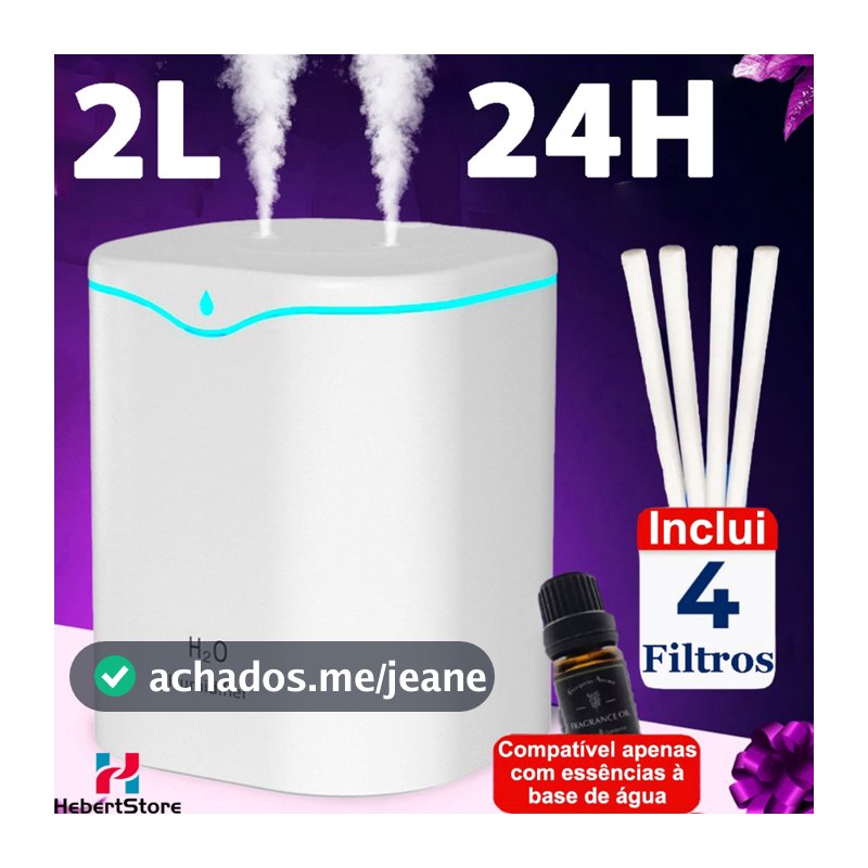 Umidificador de Ar e Aromatizador Grande 2 Litros 24 Horas com 2 Saídas de Ar e Led 3 em 1 Multifuncional para Quarto