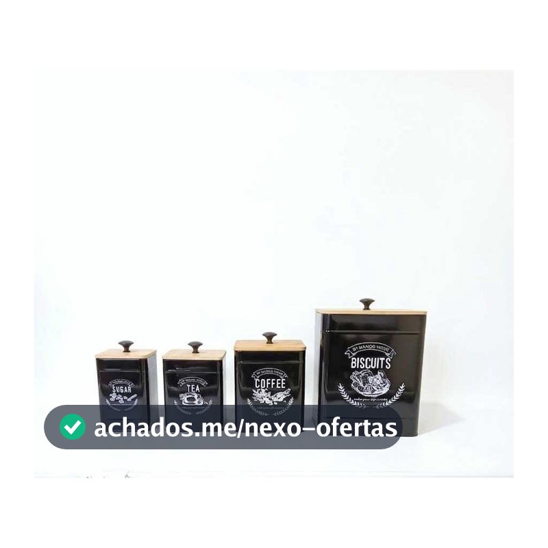 Kit Porta Pão Açúcar Café E Chá Preta De Metal Tampa de Madeira Hermético Inox Premium Mesa Posta