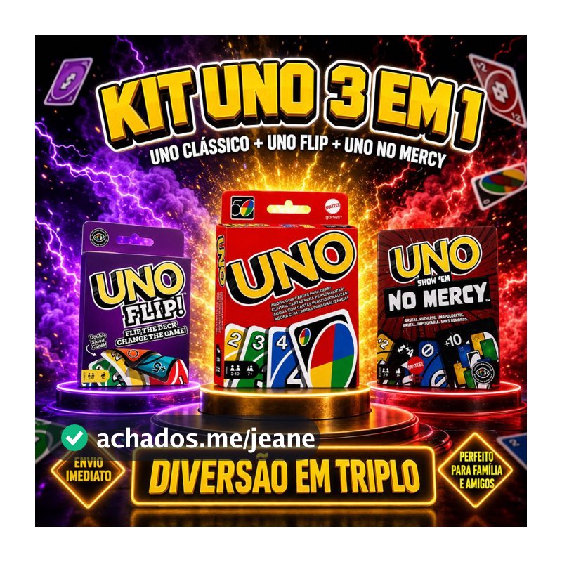 Kit Jogo de Cartas UNO 3 Jogos Completo: UNO Flip + UNO No Mercy 168 Cartas + UNO Clássico Vermelho