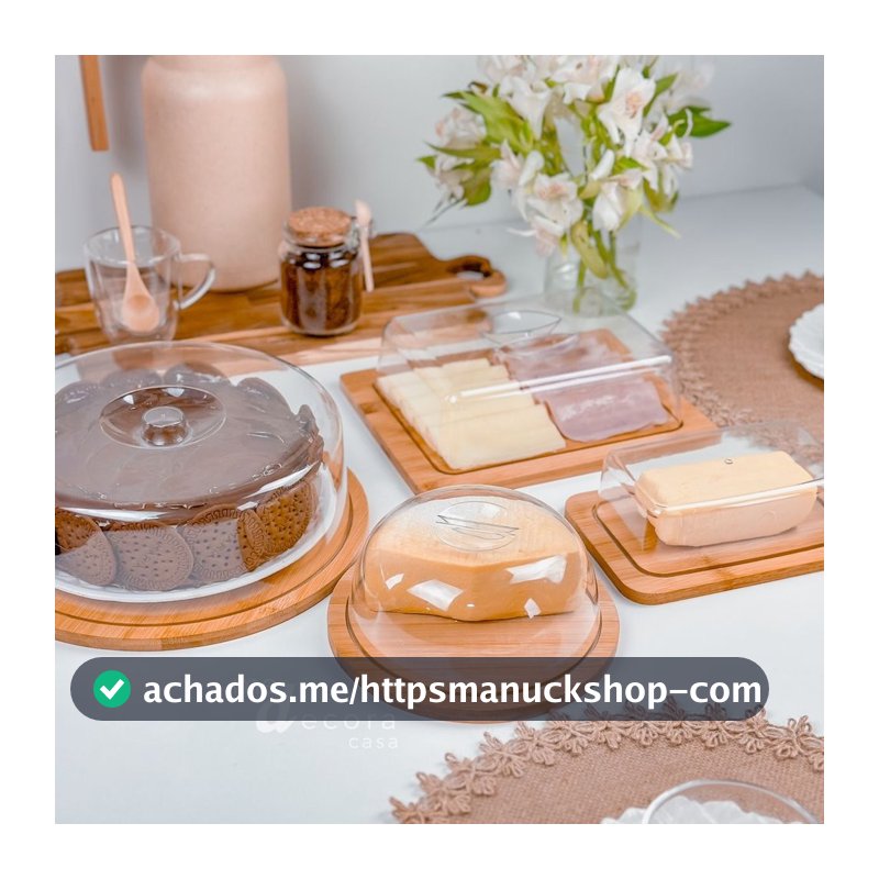 Kit Café da Manhã  4 peças Bambu: Boleira + Manteigueira + Porta Frios Bambu + Queijo