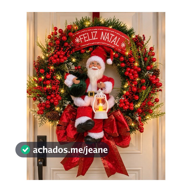 🎄 Guirlanda Natalina Papai Noel com Lanterna Iluminada e Berries Vermelhos Aro 35 cm