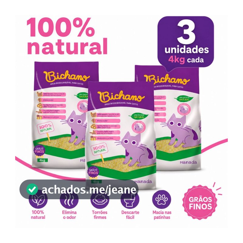 Kit 03 Unidades Areia Biodegradável Bichano Gatos Grãos Finos 12kg Manada Grão Fino Milho Mandioca