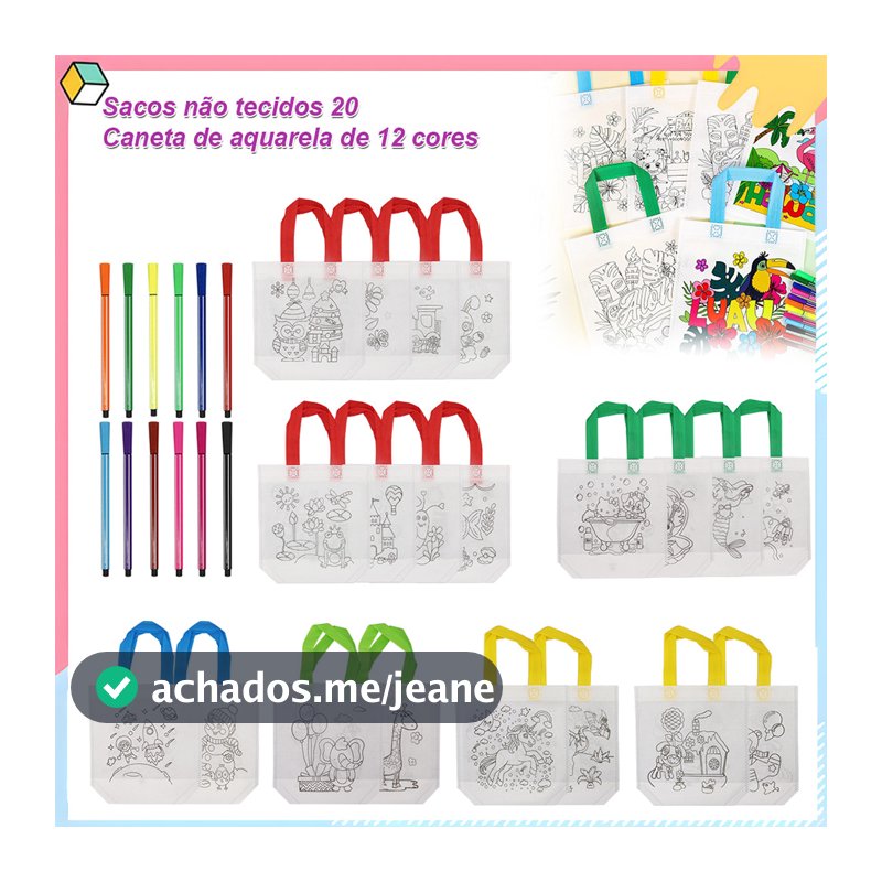 Pacote com 20 sacolas com alça para colorir animais, 22 x 24 cm, com 12 marcadores, não tecido, para lembrancinhas