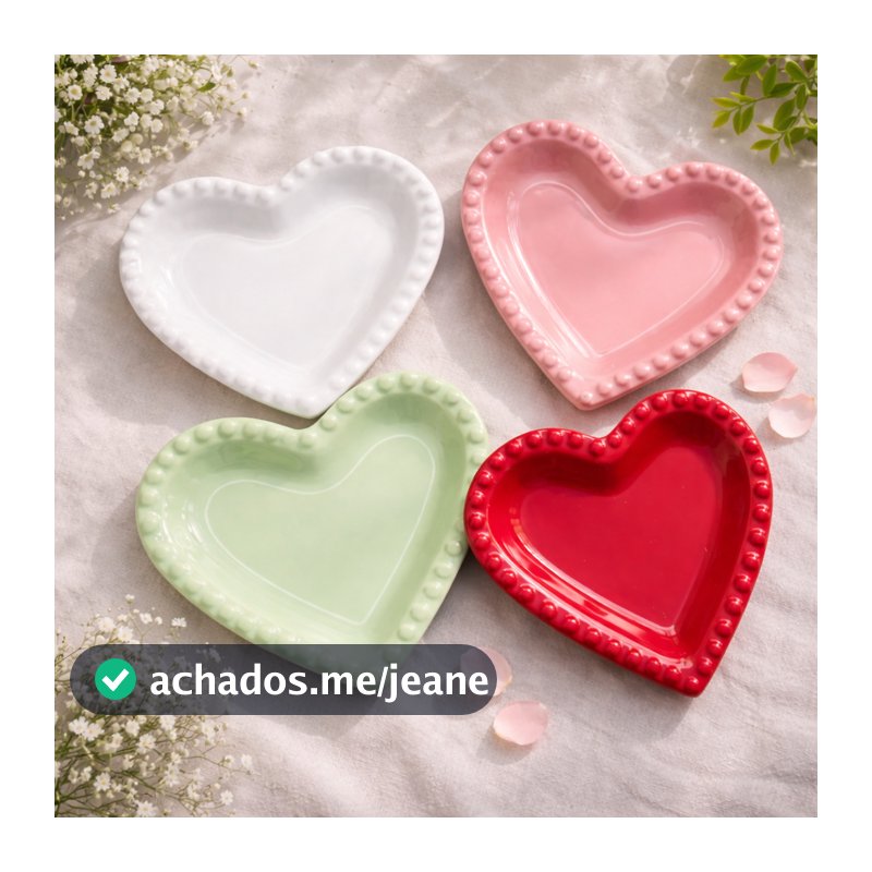 Prato de coração em cerâmica sobremesa petisqueira porta joias branco rosa verde vermelho