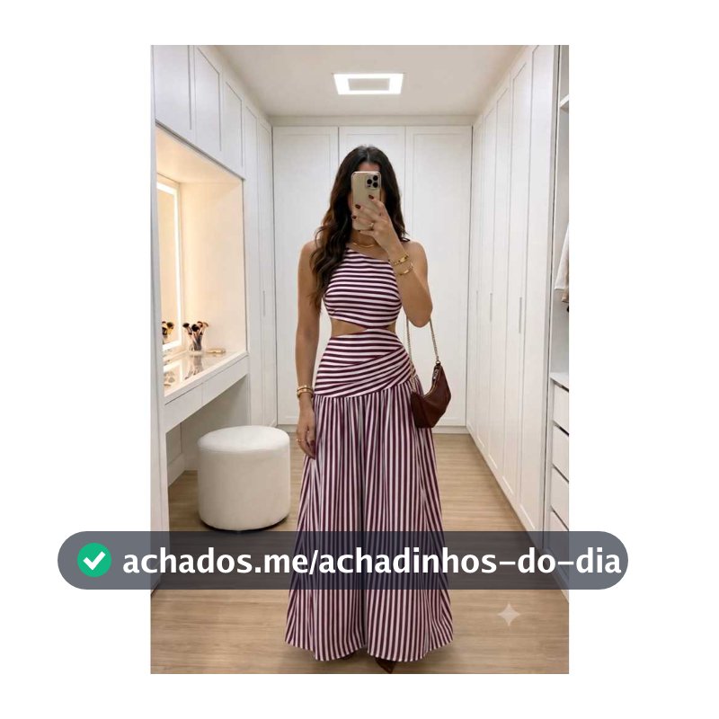 Vestido Longo Feminino Listrado Assimetrico com Costas Abertas Amarração e Recorte na Cintura