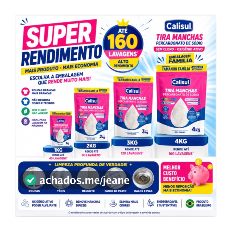 Alvejante Percarbonato de Sódio Calisul 100% Puro Sem Cloro Limpeza Roupas Brancas e Coloridas Clareador Tira Manchas