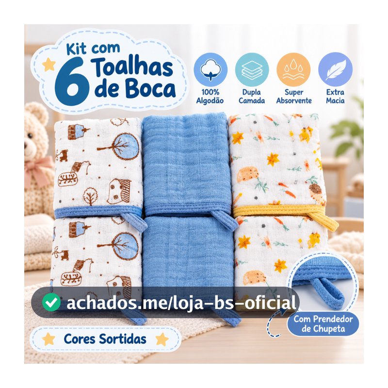 Kit 6 Toalha Pano Fralda de Boca Babete Bebe Soft 100% Algodão Macio Sortido Prendedor de Chupeta