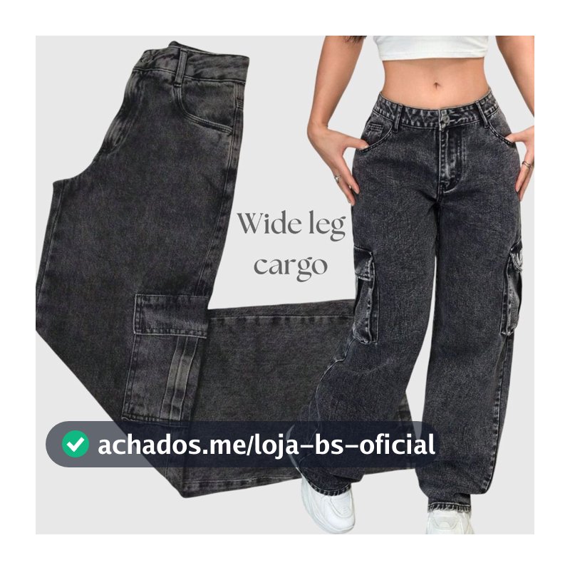 Calça Wide Leg Cargo Jeans Feminina Cintura Alta com Bolso tecido 100% Algodão Pantalona PREMIUM