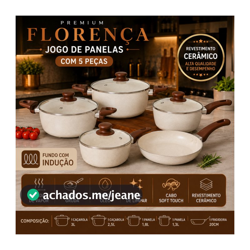 Conjunto de Panelas Florença Vanilla 5 Peças Antiaderente com Tampa de Vidro Indução Cozinha