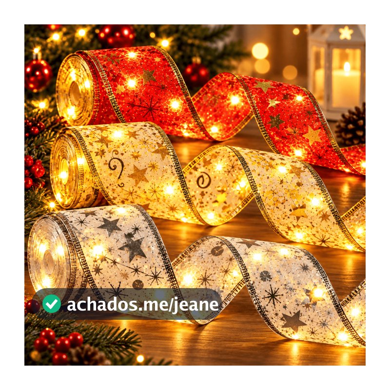 Fita De Natal com Luzes Aramada Decoração Natalina Árvore Laços Com LED Para Presente 4 metros Vermelha Dourada e Prata