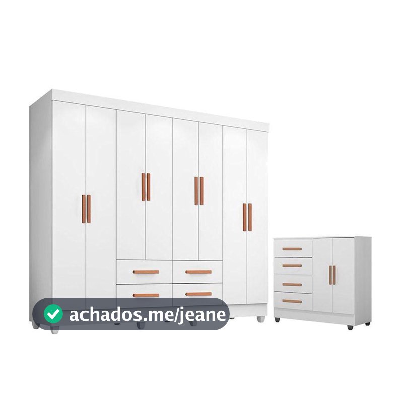 Guarda Roupa Casal Porto Com Cômoda Lite 4 Gavetas 2 Portas Branco Brilho - Móveis Leão