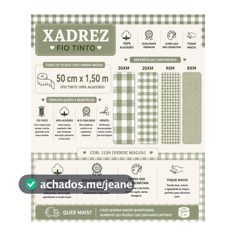 Tecido Tricoline Xadrez Verde Malva 100% Algodão 50x1,50 Patchwork Costura Criativa