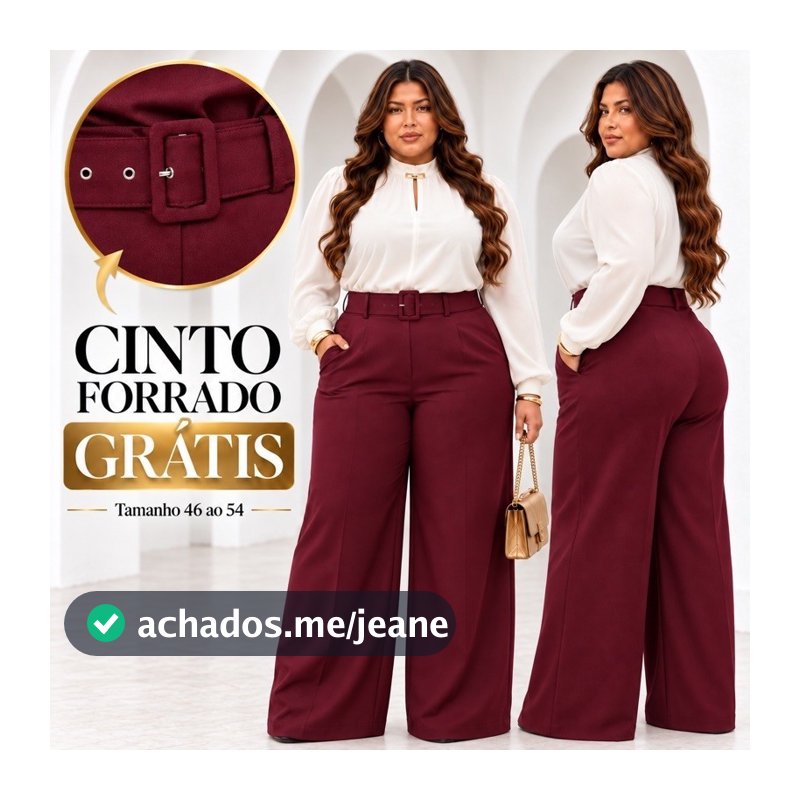 Calça PLUS SIZE com CINTO Pantalona Social Tecido Alfaiataria Cintura Alta Elegante Trabalho 48 50 52 54