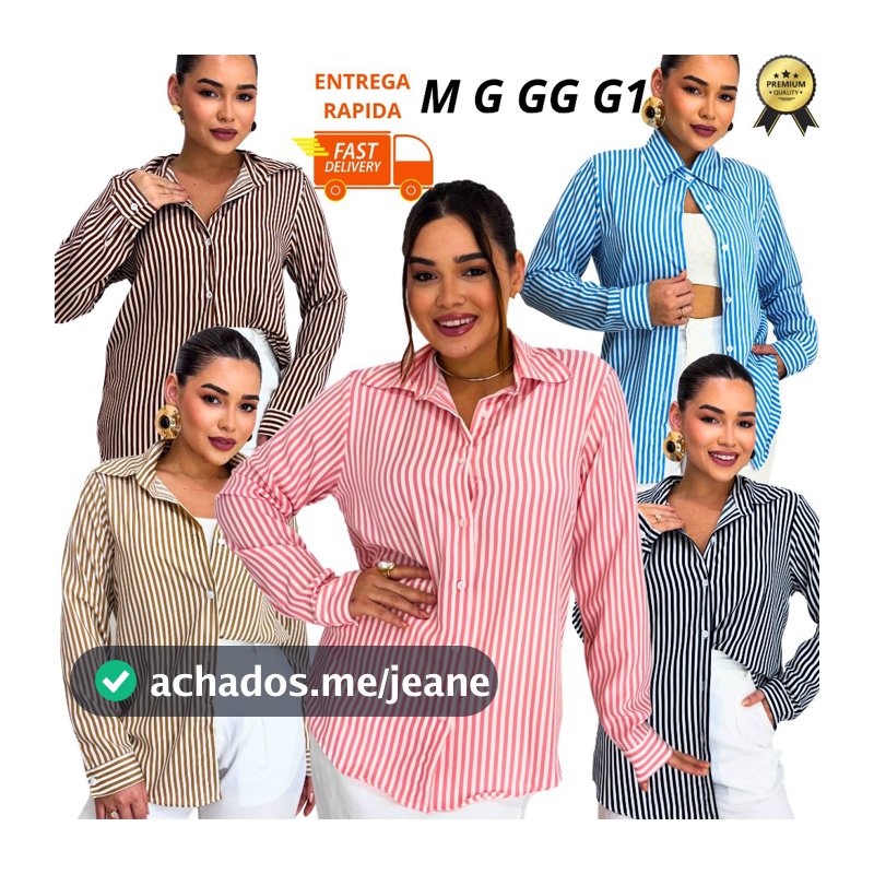 Camisa Listrada Feminina Manga Longa Social Elegante Botões Funcionais Tecido Crepinho Premium Casual M G GG G1