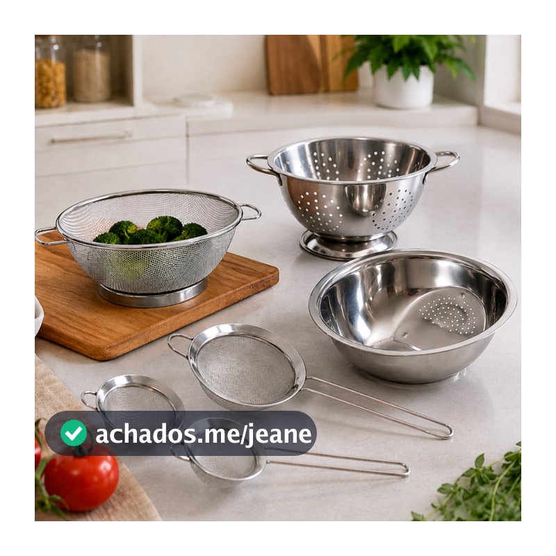 Kit 6 peças Escorredor De Arroz + Escorredor De Macarrão + Escorredor telado + 3 Peneiras Inox