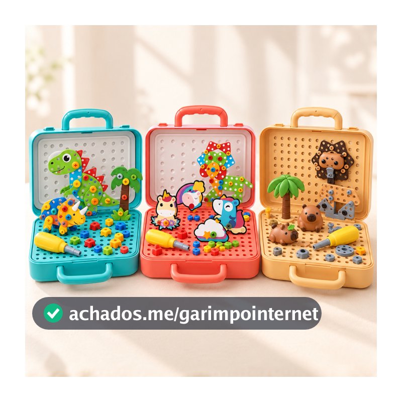 Brinquedo Educativo de Montar 163 Peças com Maleta, Parafusos e Ferramentas Infantil – Dinossauro, Unicórnio ou Capivara