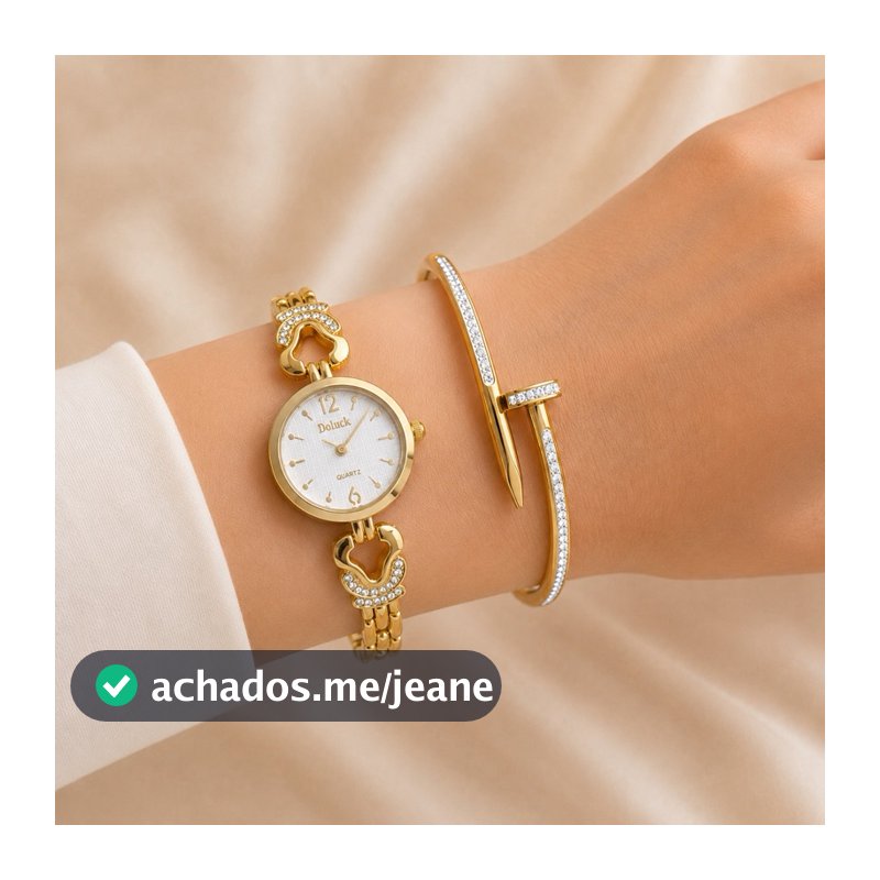 Relógio Feminino Clássico Quartz Cravejado Dourado Elegante Delicado com Bracelete Aço Inoxidável ou Pulseira Strass