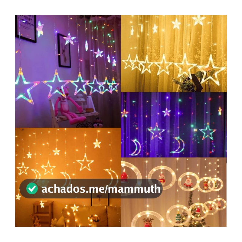 Cascata Led Pisca Pisca Cortina Luz RGB Amarela Decoração Natal Estrela Lua Papai Noel Neve Sacada