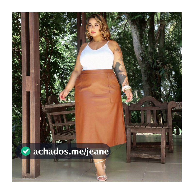 Saia Couro PU Midi Plus Size Feminina Cós Alto Zíper Elegante Festa Caimento Impecável Lia Rosa