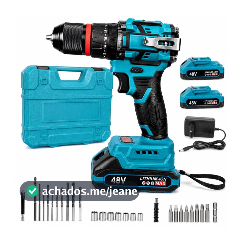 Parafusadeira Furadeira de Impacto 48V Brushless 2 Baterias Dinho + Maleta