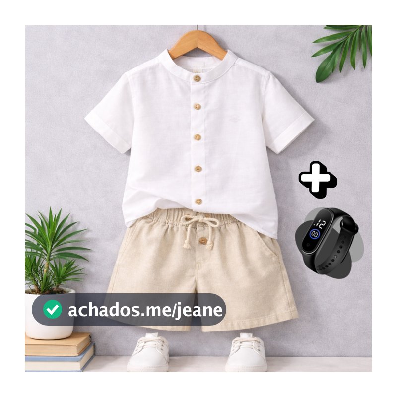 Conjunto Infantil de Verão + Brinde Linho Menino Tendência Short Mauricinho + Camisa Gola padre