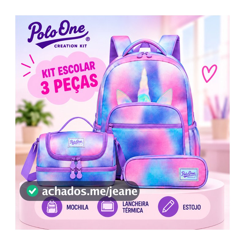 Kit Mochila Escolar Infantil Menina Unicórnio 3 Peças Lancheira Térmica Estojo Polo One