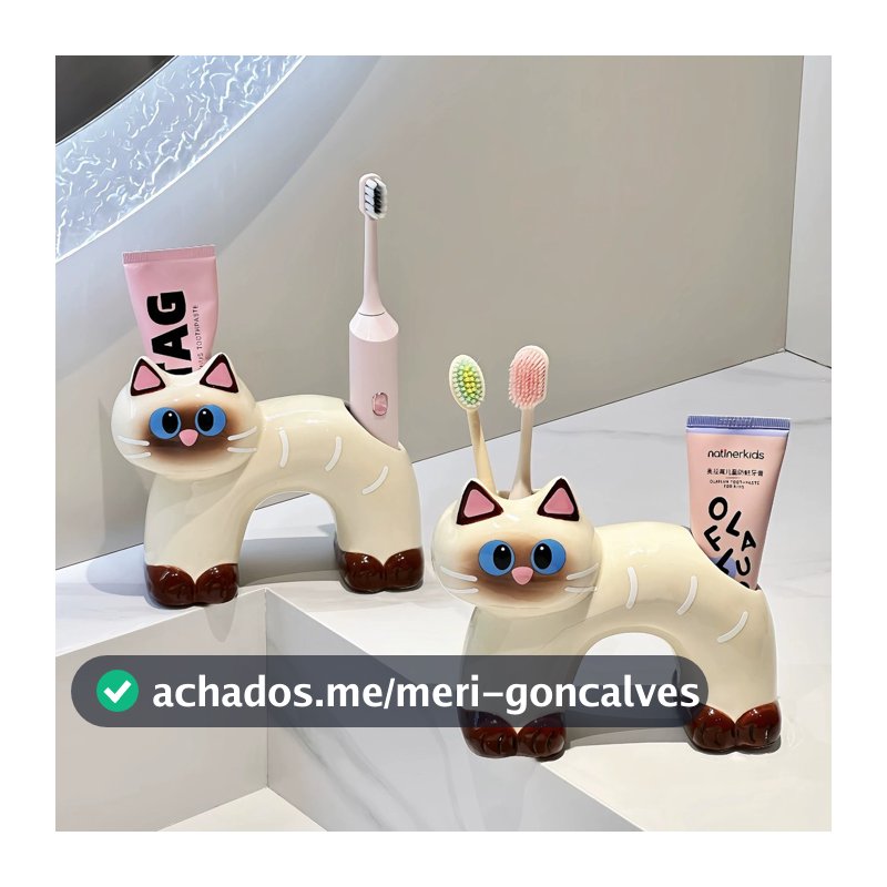 Porta-Escova de Dentes Gato Siamês em Cerâmica para Escova Elétrica e Pasta de Dente