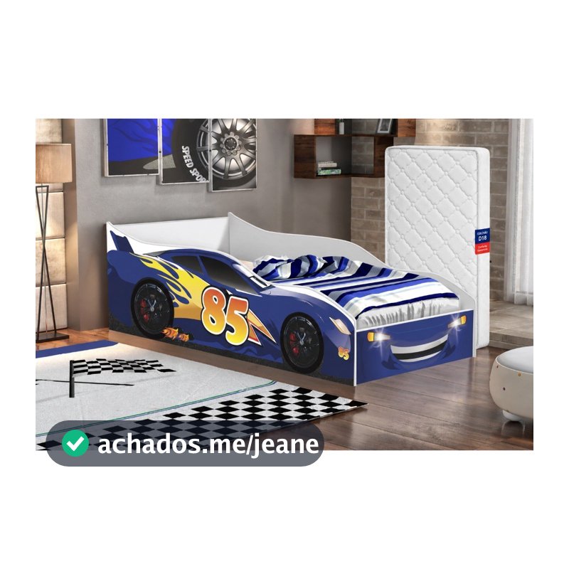 Cama Carro McQueen Infantil Azul com Colchão Incluso MDF Montessoriana Compacta Grade Lateral para Quarto de Criança