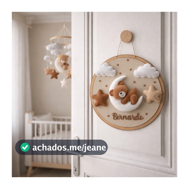 Porta Maternidade Ursinho Lua Personalizado Nome Bebê MDF Feltro Decoração Quarto Infantil